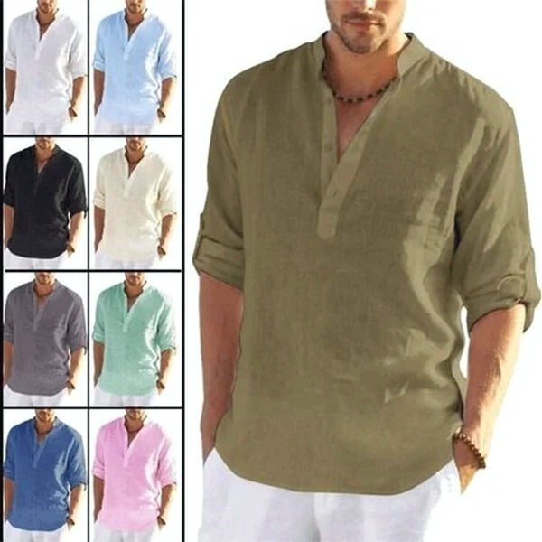 Men's Cotton Linen Casual Long Sleeve Shirt