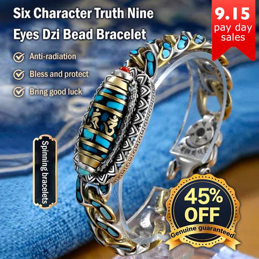 Turquoise six-character mantra nine-eyed dzi bead bracelet-Handcrafted to bring wealth and good luck